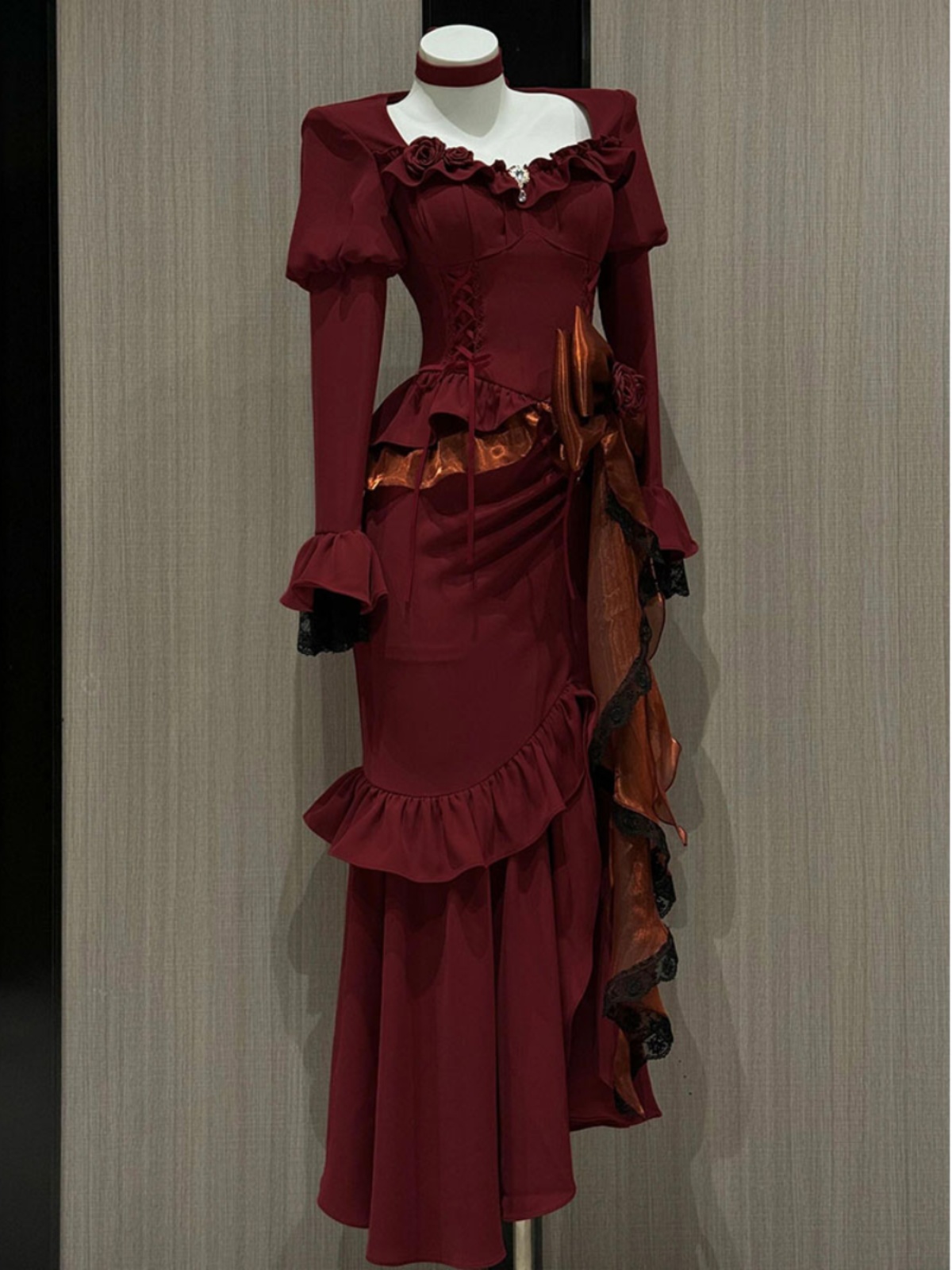 Women'S Red Formal Wear - Printemps rouge robe Vintage femmes dentelle