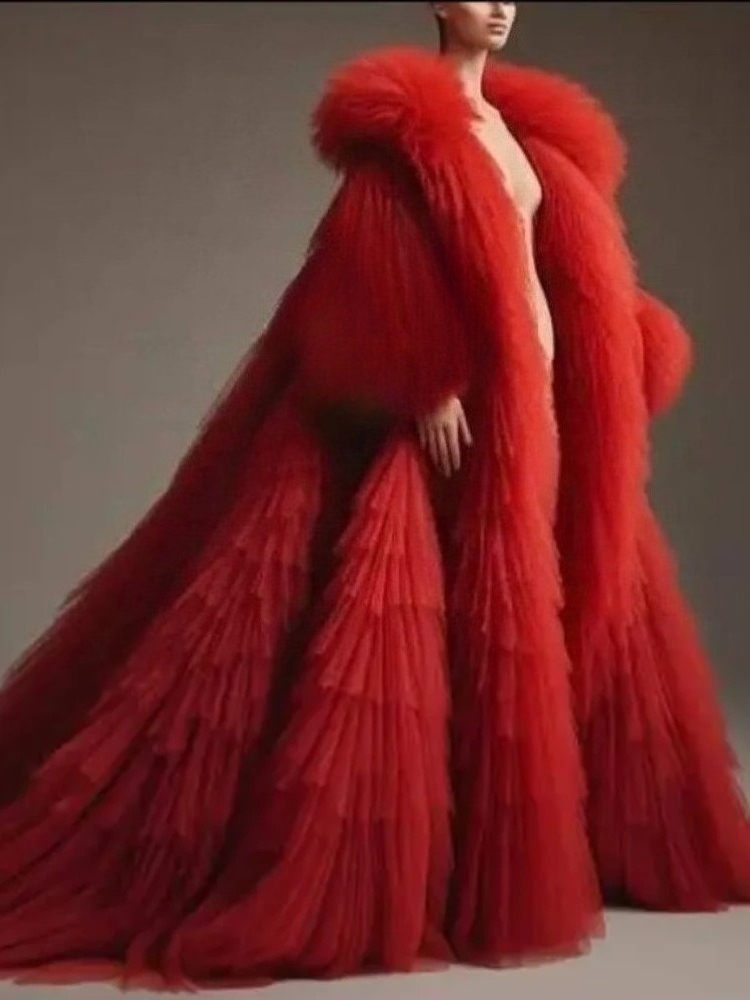 Manteau long plissé et volanté - Women'S Red Formal Wear avis et prix